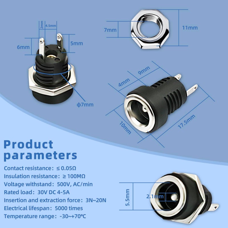 CenryKay 25PCS 5.5mmx2.1mm 2 Pins DC Power Jack Female Panel Mount Connector with Hex Washer - Image 2